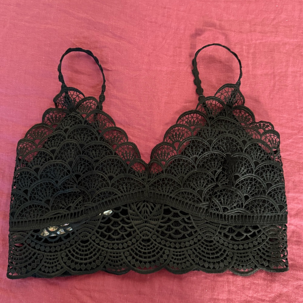 Free People Black Lace Bralette with Scalloped Trim